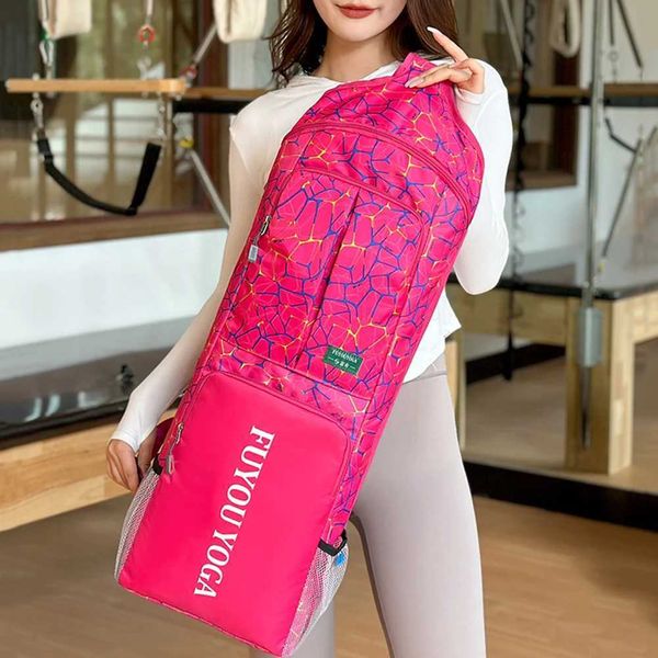 Water-resistant yoga mat carrier with spacious compartments, zippered storage, mesh pockets, and convenient handles, designed for women