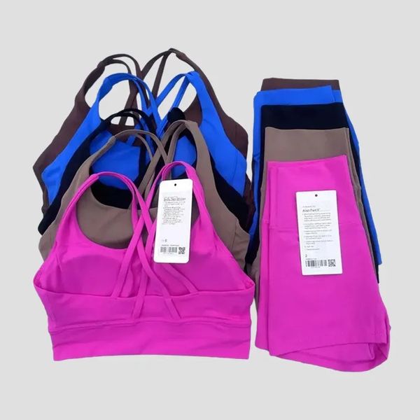 Women's 2025 Yoga Set featuring a sport bra, fitness tank, workout tights, biker shorts, and tracksuit pants for gym and Pilates training
