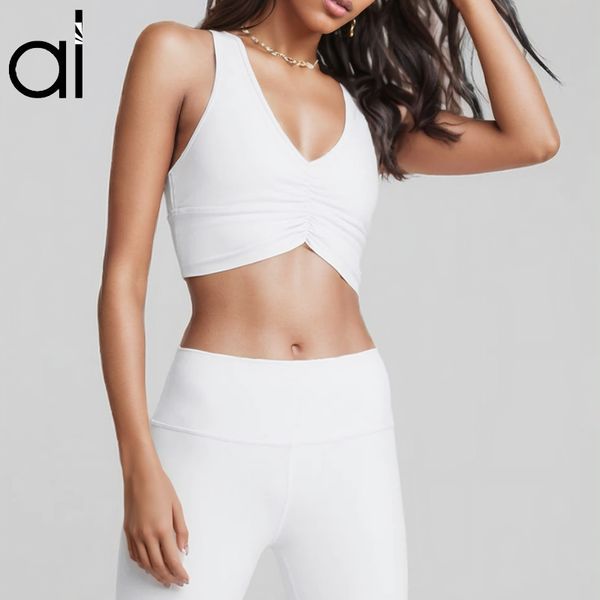 Women's 2-piece AL yoga set with sports bra, leggings featuring front ruching, elastic sweatpants and nude T-line pants
