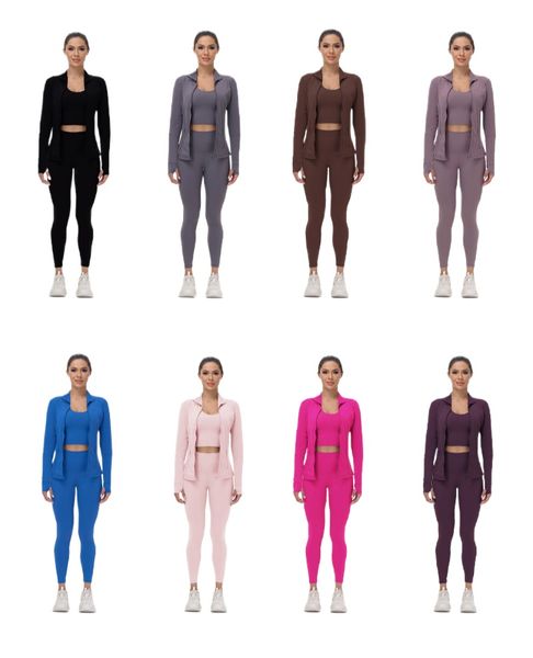 Women's 3-piece workout set featuring breathable zip-up top, stretchy leggings, and supportive sports bra
