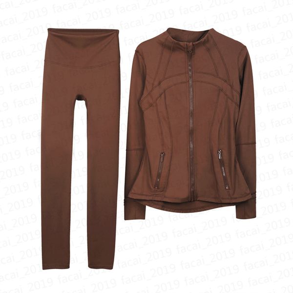 Women's 5A quality yoga two-piece sets featuring high-waist leggings and zip-up sports jackets for gym workouts and fitness activities