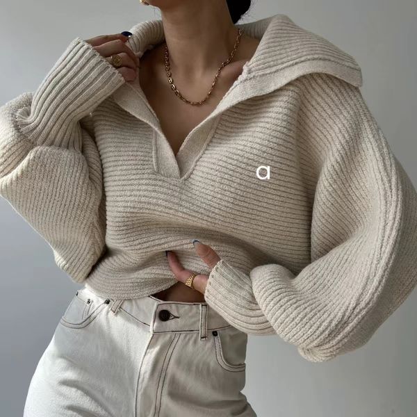 Women's ALL21138 Pullover: Autumn Wool Knit Sweater for Outdoor Jogging, Loose Fit with Long Sleeves and Turn-down Collar