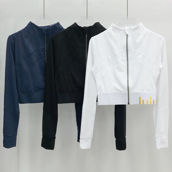 Women's athletic yoga jacket with stand-up collar, half-zip, long sleeves, and thumbholes for gym workouts