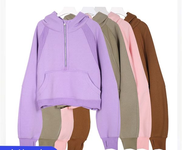 Women's Classic Semi-Zip Terry Hoodie - Loose Plus Velvet Yoga Coat with Long Sleeves for Fitness
