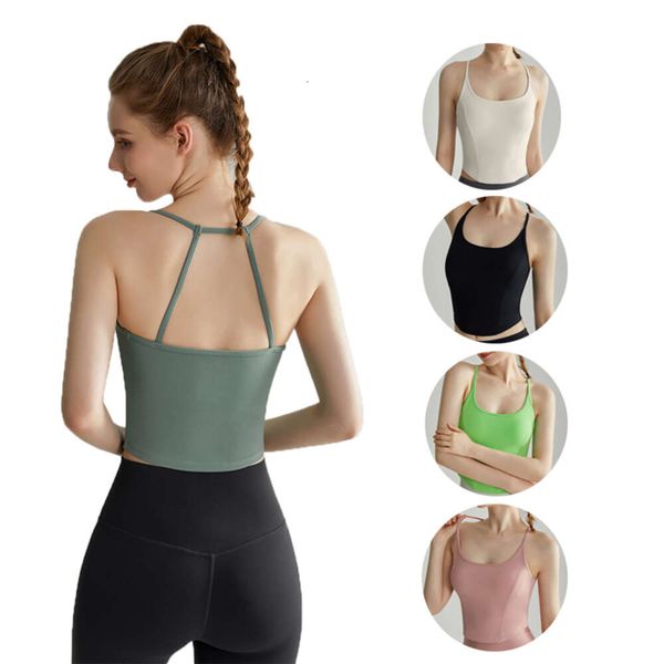 Women's cropped tank top with built-in bra, crisscross design for support, seamless and breathable for active wear