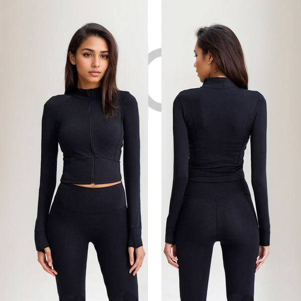 Women's designer yoga jacket with long sleeves, full zip cardigan sweatshirt in solid color for sports and fitness, shaping waist and tight fit, short length