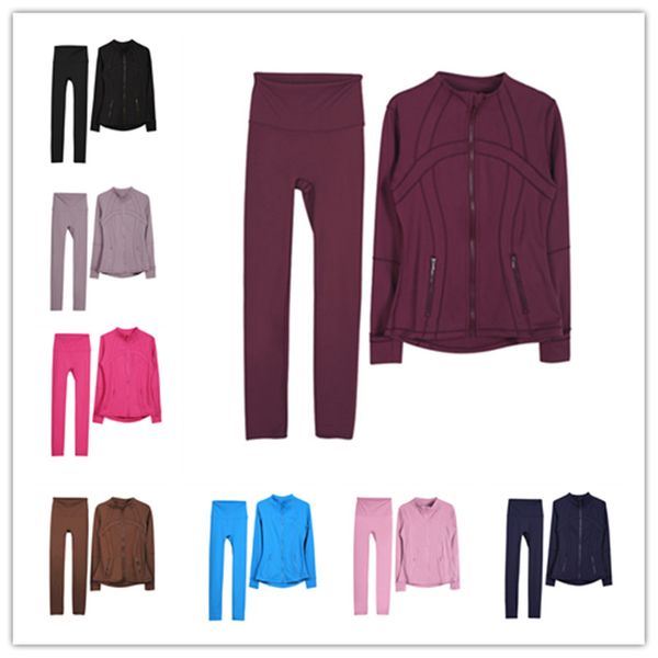 Women's fitness set featuring a slim-fit yoga jacket paired with high-waisted solid color long pants for outdoor workouts