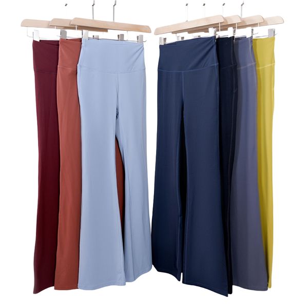 Women's flared yoga pants with high elasticity, solid nude color, wide-leg design for sports, gym, and streetwear