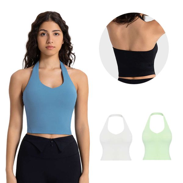 Women's Halterneck Yoga Bra Top - Seamless Padded Sports Bralette with V-Neck Strap Design