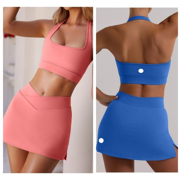 Women's high-elastic yoga sports bra and solid color tennis skirt set for gym and Pilates