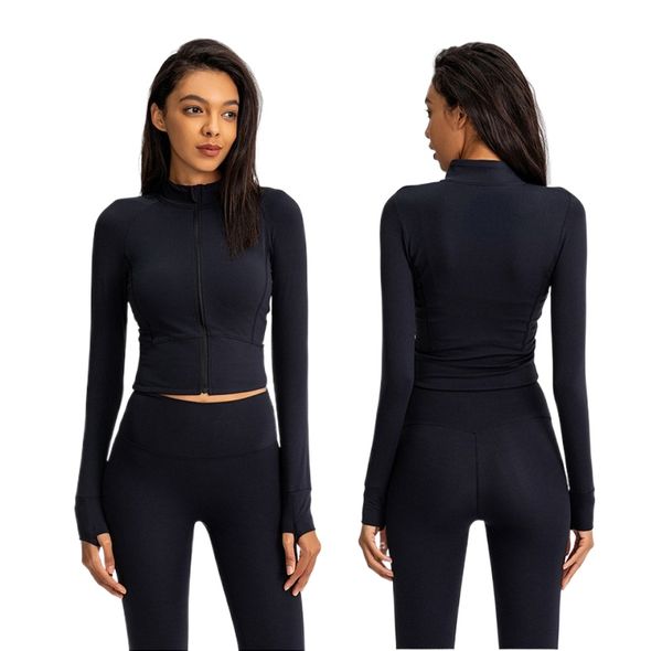 Women's long-sleeve yoga jacket with full zip, solid nude cardigan for waist-shaping fitness and loose jogging sports