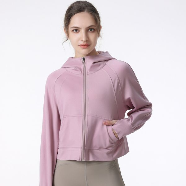 Women's long-sleeved hooded yoga jacket with back zipper, solid color waist-shaping fitness outfit for gym and jogging