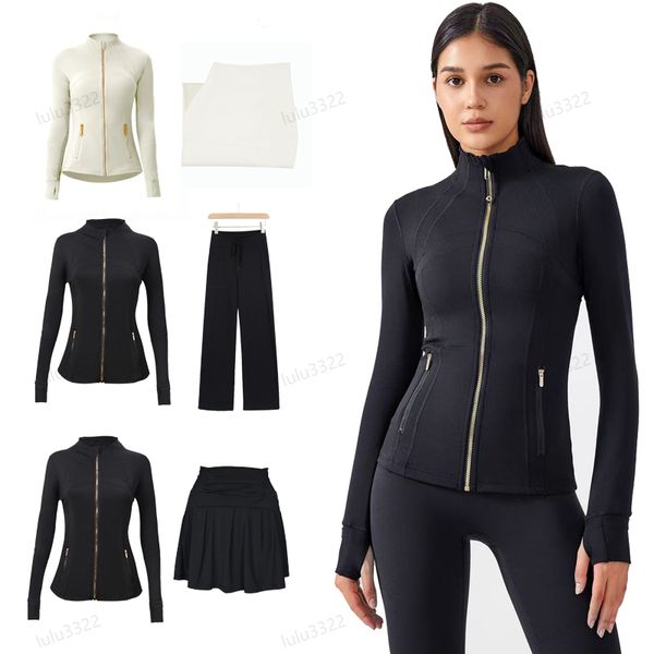 Women's nude-colored yoga jacket with long sleeves, golden zipper, and waist-shaping design for fitness and jogging