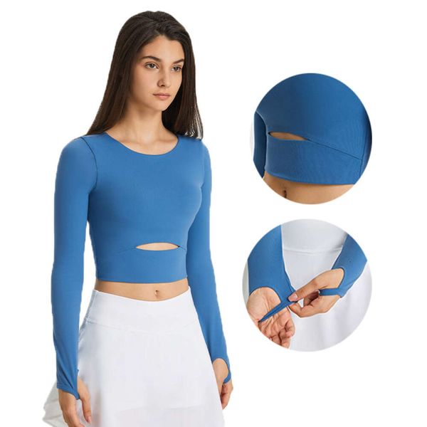 Women's Padded Seamless Yoga Crop Tops with Long Sleeve Cutouts for Breathable Workouts