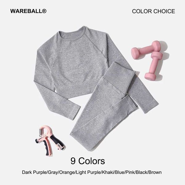 Women's ribbed seamless yoga set with long sleeves and high-waisted leggings for workouts
