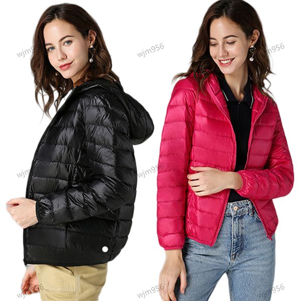 Women's slim-fit white duck down puffer jacket for yoga and winter sports with a hood