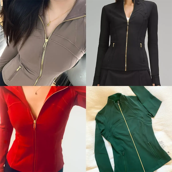Women's slim-fit yoga jacket with gold zipper, thumb holes, and cropped design for activewear and workouts