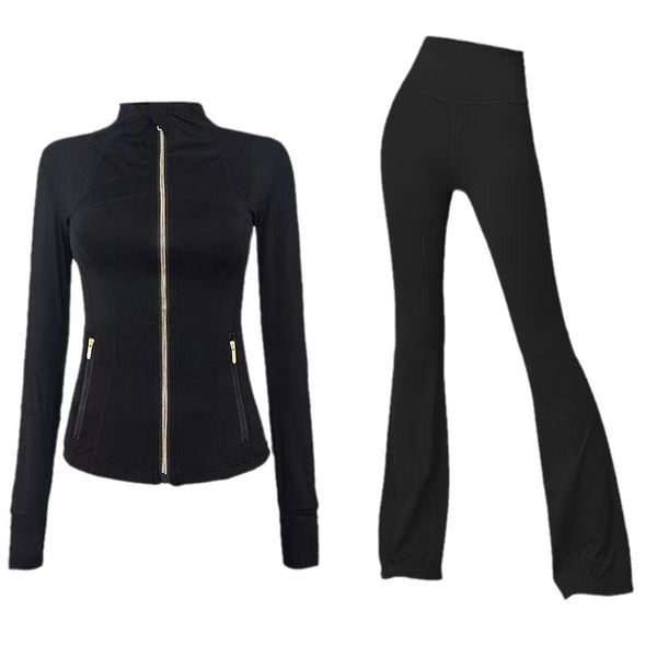 Women's solid-color yoga jacket and bell-bottom pants set for sports and leisure, featuring breathable fabric