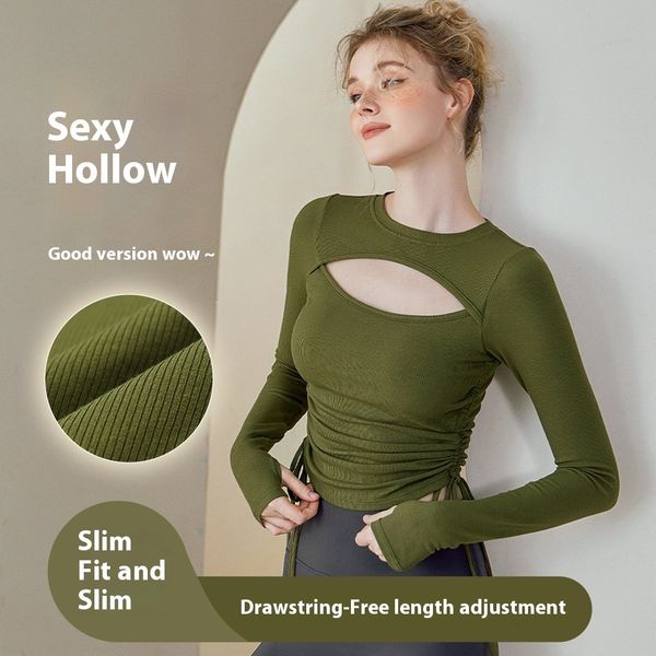 Women's stylish hollow-knit yoga top with breathable design, drawstring detail, and long sleeves for active wear