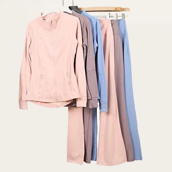 Women's stylish yoga set featuring high-waisted flare pants and a lightweight cardigan for gym wear