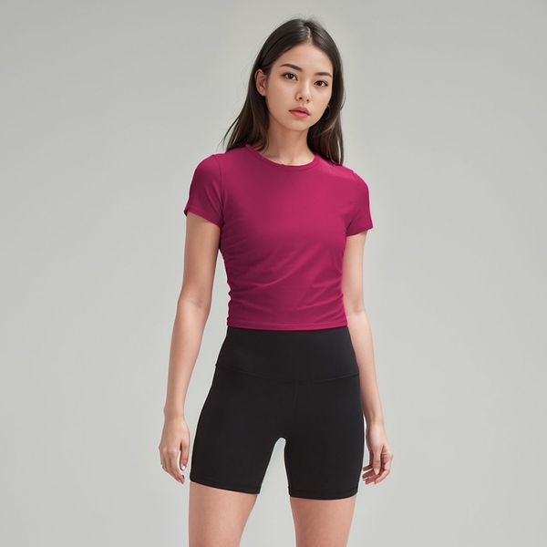 Women's Summer Yoga T-Shirt, Cropped Ribbed Round Neck Short Sleeve Stretchy Athletic Top