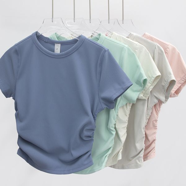 Women's Summer Yoga T-Shirt with Ribbed Round Neck and Elastic Drawstring for Sports and Fitness
