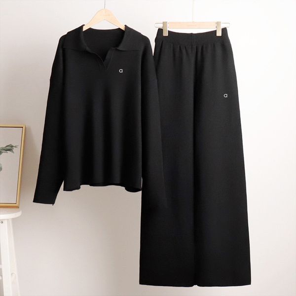 Women's sweater and yoga outfit designer suits for autumn and winter, featuring a polo neck knitted pullover with wide-leg pants in a stylish two-piece knitted set