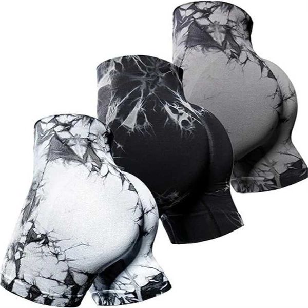 Women's tie-dye sports shorts with seamless slim fit for gym workouts, running, and yoga, featuring a high-waisted stretch design for a sexy hip-lifting look
