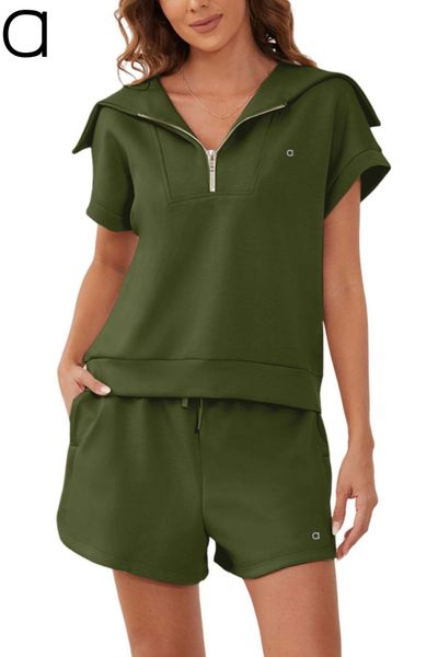 Women's two-piece workout set with half-zip short-sleeve sweatshirt and high-waist shorts for fitness, running and yoga