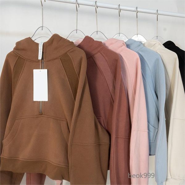 Women's velvet-lined half-zip hooded yoga sweater for autumn and winter sports