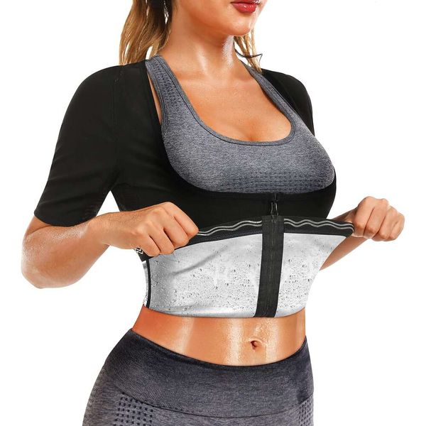 Women's waist-slimming sweat tank top with zipper for exercise and shaping