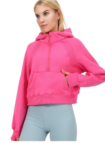 Women's warm fleece hooded sweatshirt with half-zip for winter workouts and yoga