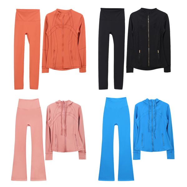 Women's Yoga Flared Pants and Hooded Jacket Set with Gold Zipper, High Waist Sports Coat and Elastic Leggings for Fitness