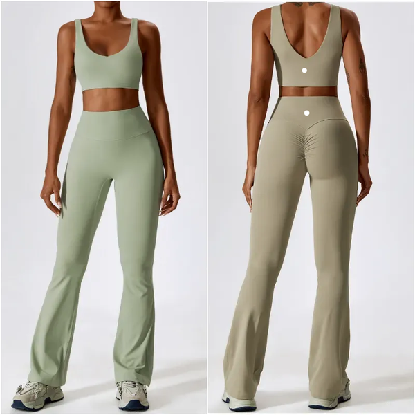 Women's Yoga Outfit Set with Sleeveless Vest and High-Waisted Bell-Bottom Sport Pants for Gym Running