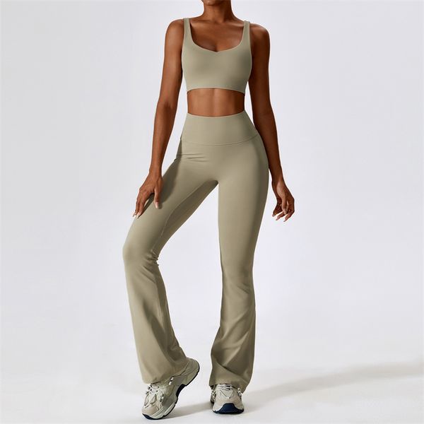 Women's Yoga Outfit Set with Sleeveless Vest, Bell-bottom Pants and High-waist Trousers for Gym and Running