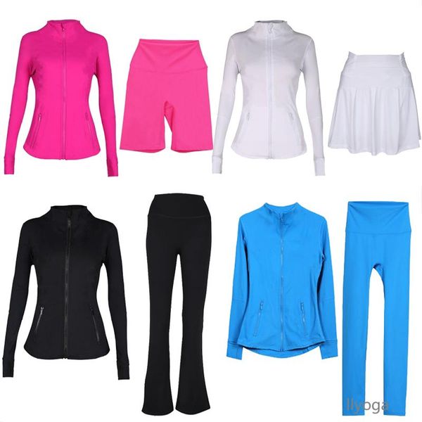 women's yoga outfit with jacket, shorts, and flared leggings for gym and outdoor sports, featuring a zippered slim-fit top for running and fitness workouts