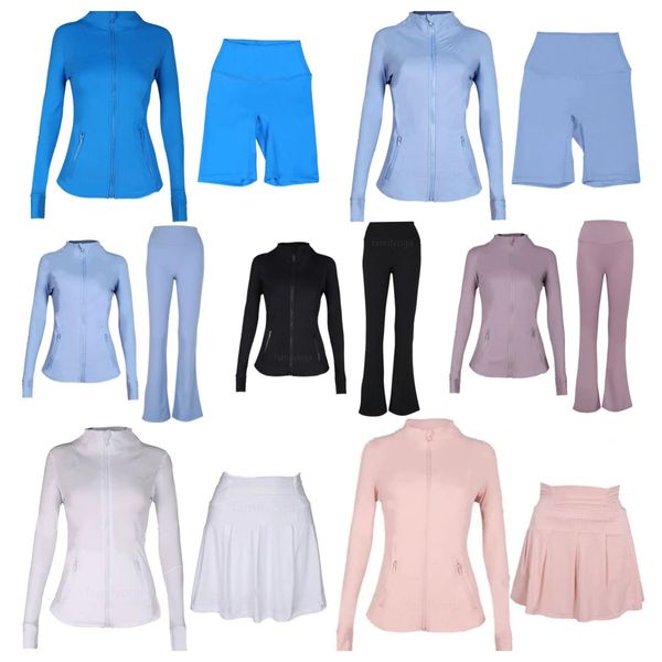 Women's yoga set featuring a gold zipper jacket, two-piece bra, gym shorts, and inflatable sport pants