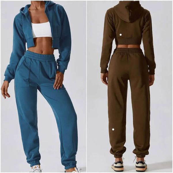 Women's yoga set featuring hooded tops, long pants, and sleeve jackets for gym, running, and casual wear