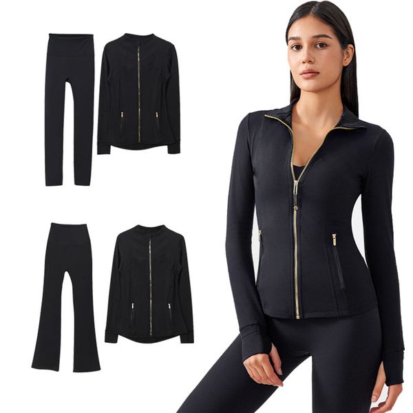 Women's yoga set with flared pants, hooded gold-zipper jacket, and elastic sportswear tracksuits