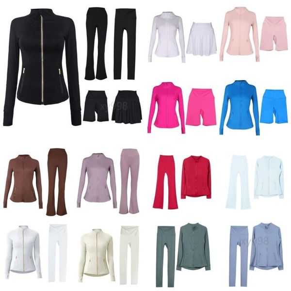 Women's yoga sets featuring jackets, shorts, leggings, and flared pants in high-waist styles with zip-up coats and elastic sportswear outfits