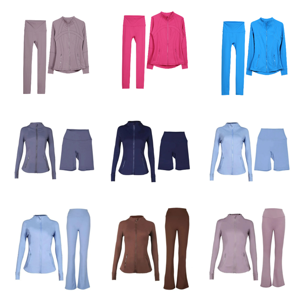 Women's yoga sets with shorts, leggings, and skirts featuring high-waist designs and elastic sportswear outfits including zip-up jackets