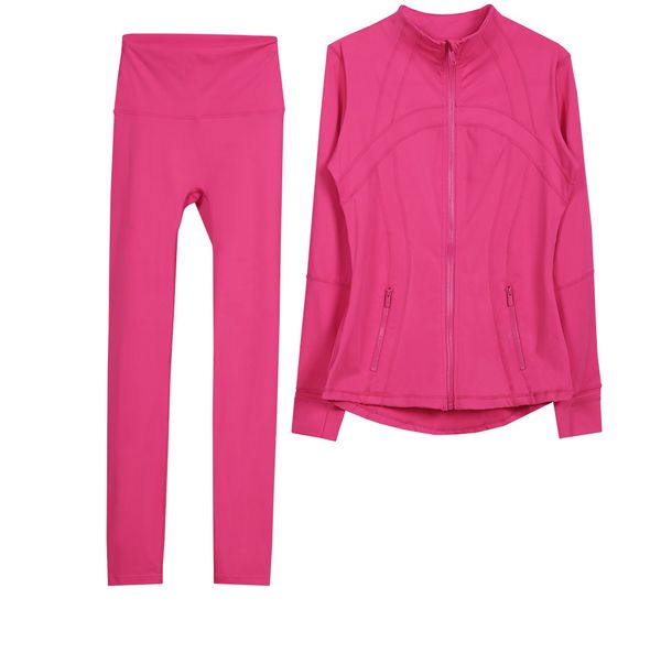 Women's yoga two-piece set featuring high-waist leggings and a zip-up sports jacket for fitness workouts and gym sessions