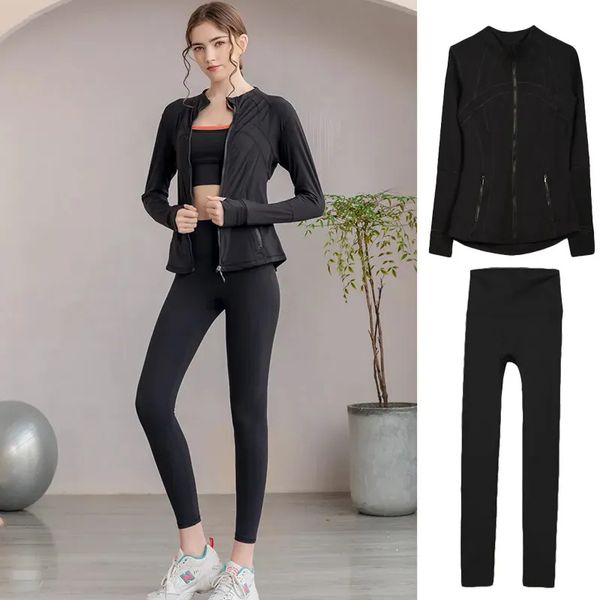 Women's yoga two-piece sets featuring high-waist leggings and zip-up sports jackets for gym workouts and athletic wear