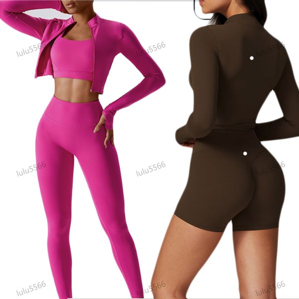 Women's yoga workout set with define jacket, vest, and elastic pants for fitness and running