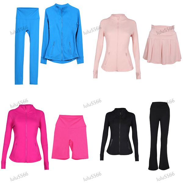 Women's yoga workout sets featuring jackets, shorts, and high-waist leggings for speed and fitness with elastic sportswear outfits and zip-up coats