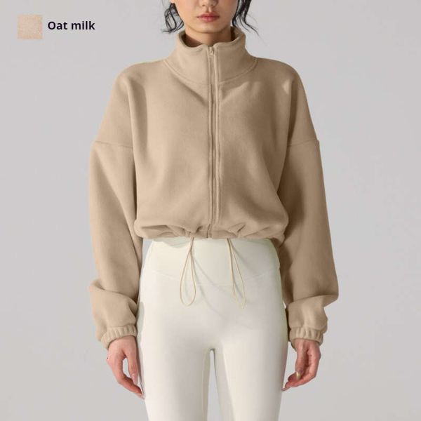 Yoga Autumn/Winter Plush Sweater for Women with Stand-up Collar, Loose Fit Sports Top, Thick Warm Fleece Short Coat