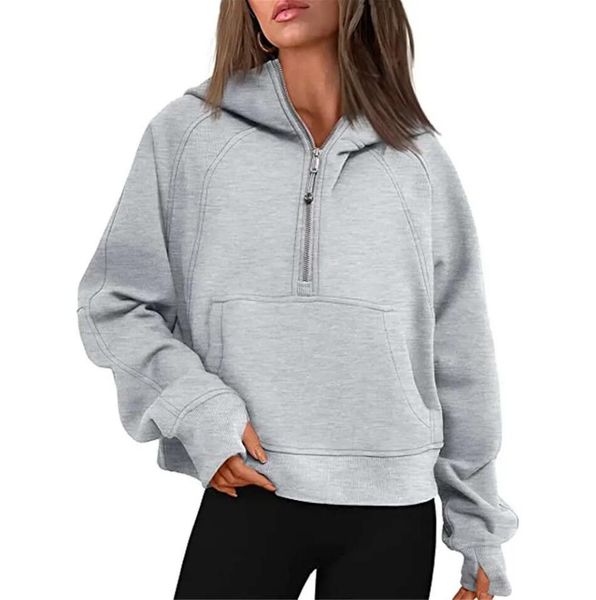 Yoga hoodie half-zip for women, a cozy autumn-winter gym jacket with a loose fit and plush lining
