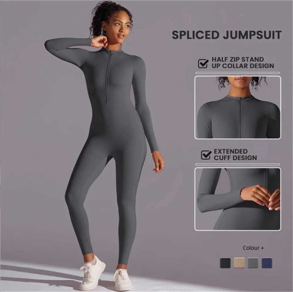 Yoga jumpsuit with a half-zip design, featuring long sleeves and a solid color for a sleek, sporty look