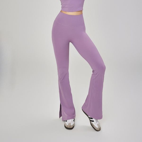 Yoga leggings for women with split-hem design, high-rise mini-flare fit, nude-feel fabric, hip-lifting effect, breathable sport sweatpants ideal for gym workouts and running