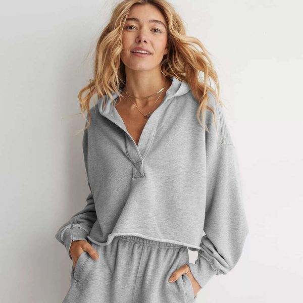 Yoga Outfits Oversized Decorative Semi-Open Neck Short Hooded Sweatshirt | Autumn Winter Versatile Top
